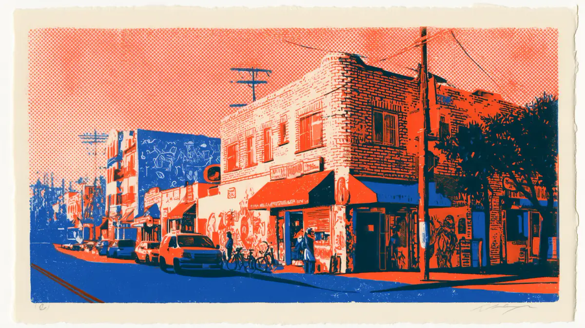 Two-ink risograph of a street corner