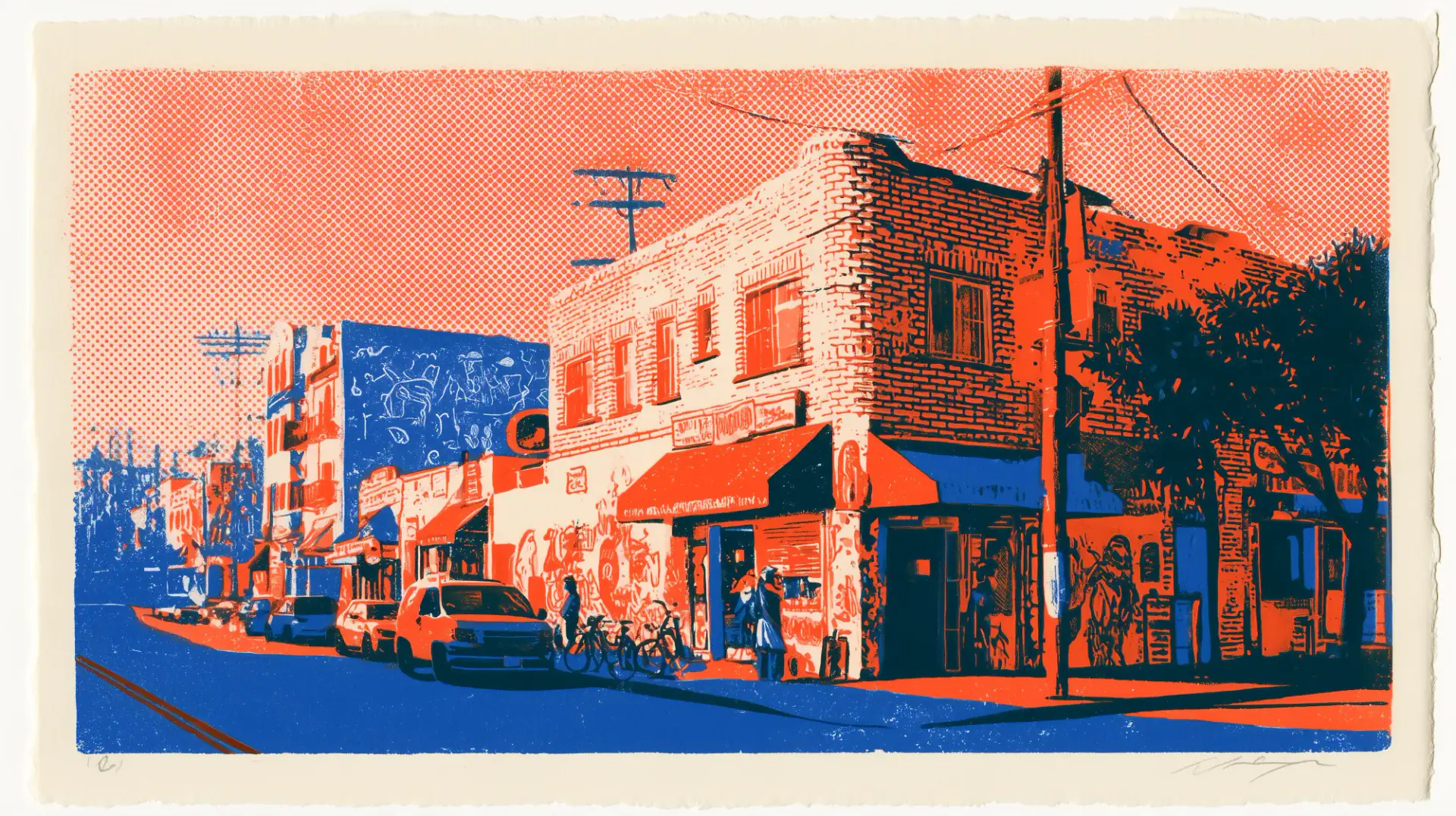 Two-ink risograph of a street corner